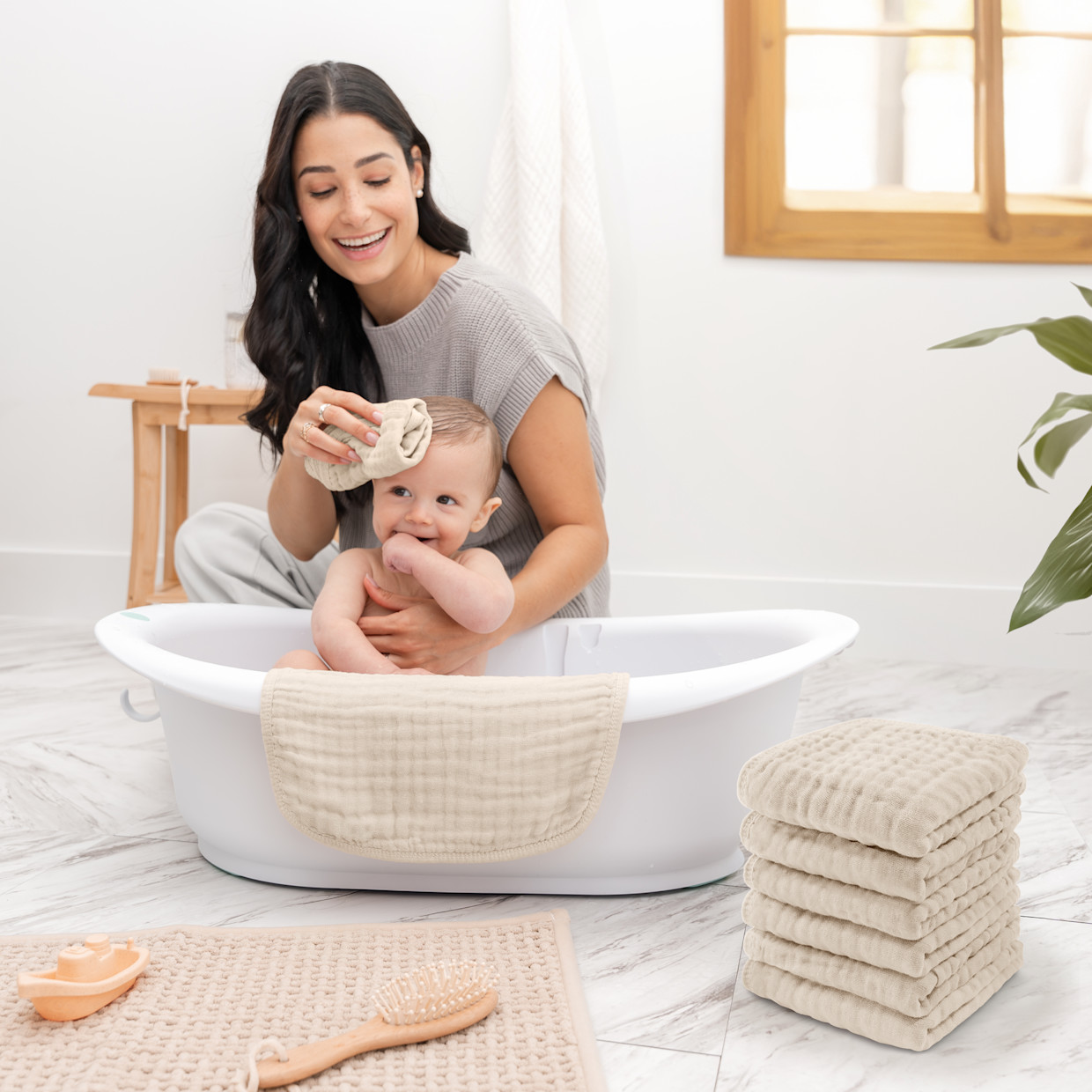 Comfy Cubs 6-Layer Muslin Baby Washcloths Set - Sand, 6.