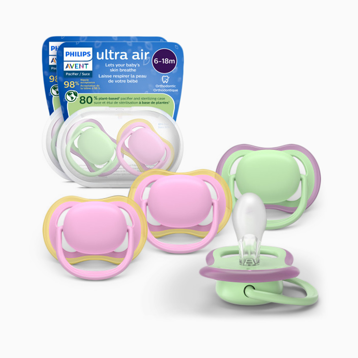 Philips Avent Ultra Air Pacifier 6-18M (4 Pack) - Spring Green / Quiet Pink, 6-18M.