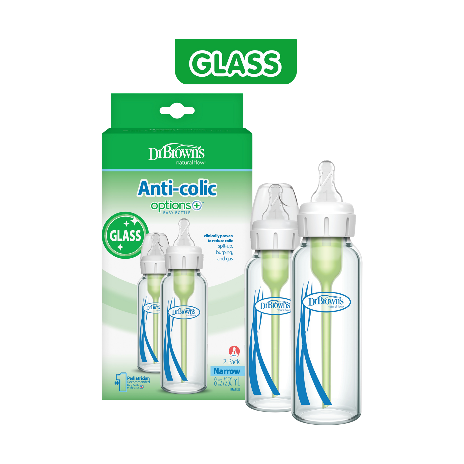 Dr. Brown's Natural Flow Anti-Colic Options+ Narrow Glass Baby Bottle 8 oz/250 mL, with Level 1 Slow Flow Nipple, 2 Pack, 0m+