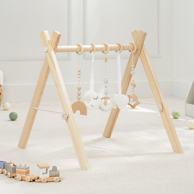 Comfy Cubs Wooden Baby Play Gym with 5 Sensory Hanging Toys.