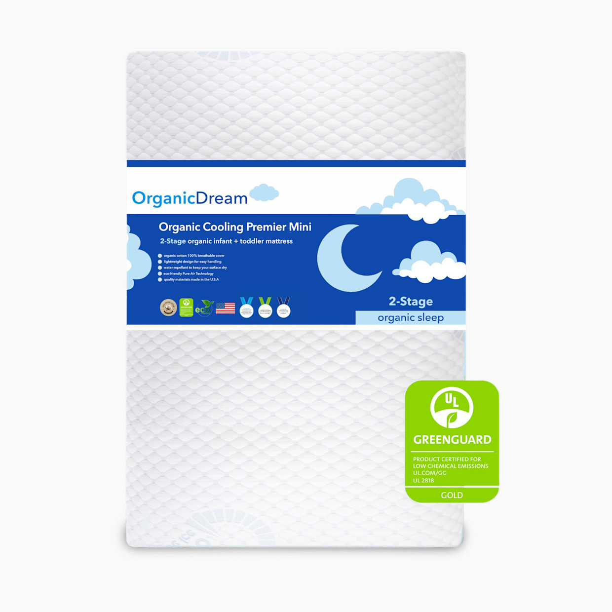 Organic Dream Mini Crib Size Organic Cooling Premier 2-Stage Mattress - White.