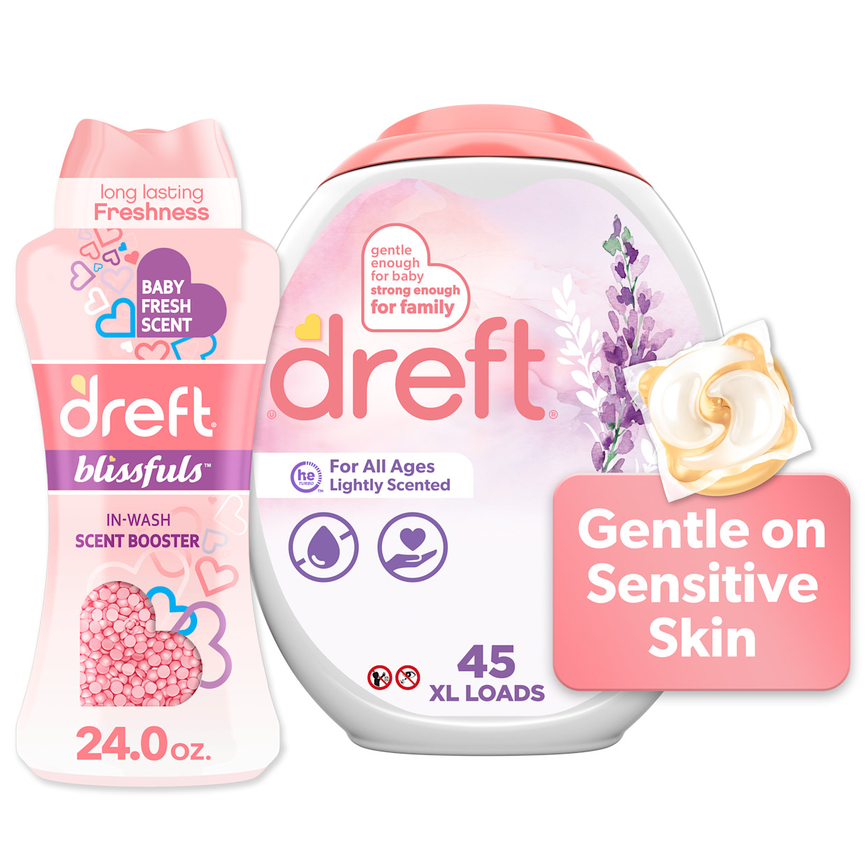 Dreft For-All-Ages Laundry Detergent Bundle - 45 Count + 24 Oz Beads.