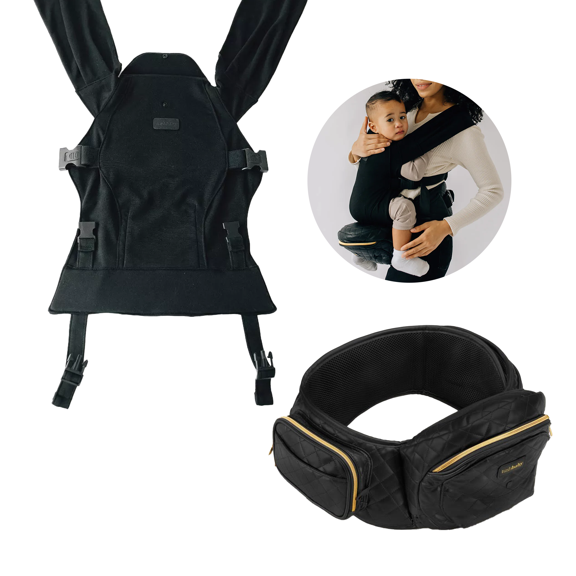 Tushbaby Hip Seat and Snug Carrier 2-in-1 Bundle - Black Vegan Leather, Black Snug Carrier.