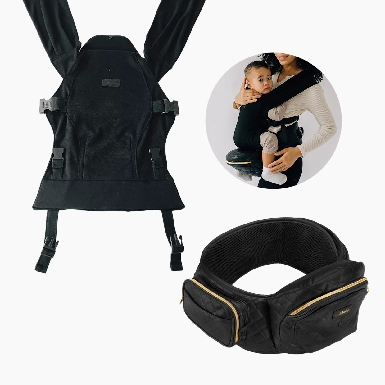 Tushbaby Hip Seat and Snug Carrier 2-in-1 Bundle - Black Vegan Leather, Black Snug Carrier.