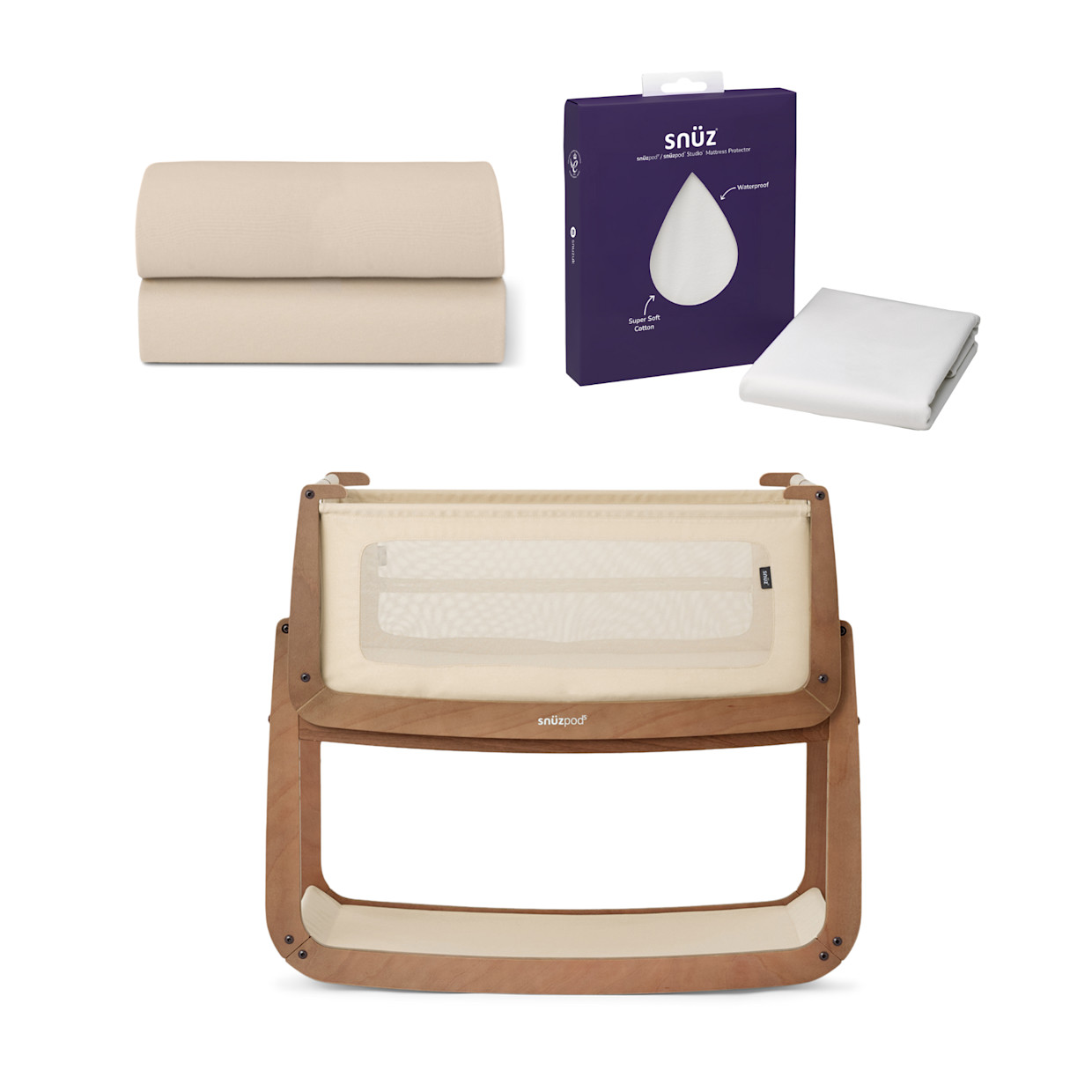 Snüz SnuzPod5 Complete Sleep Bundle - Walnut Bassinet & Cashmere Sheets.