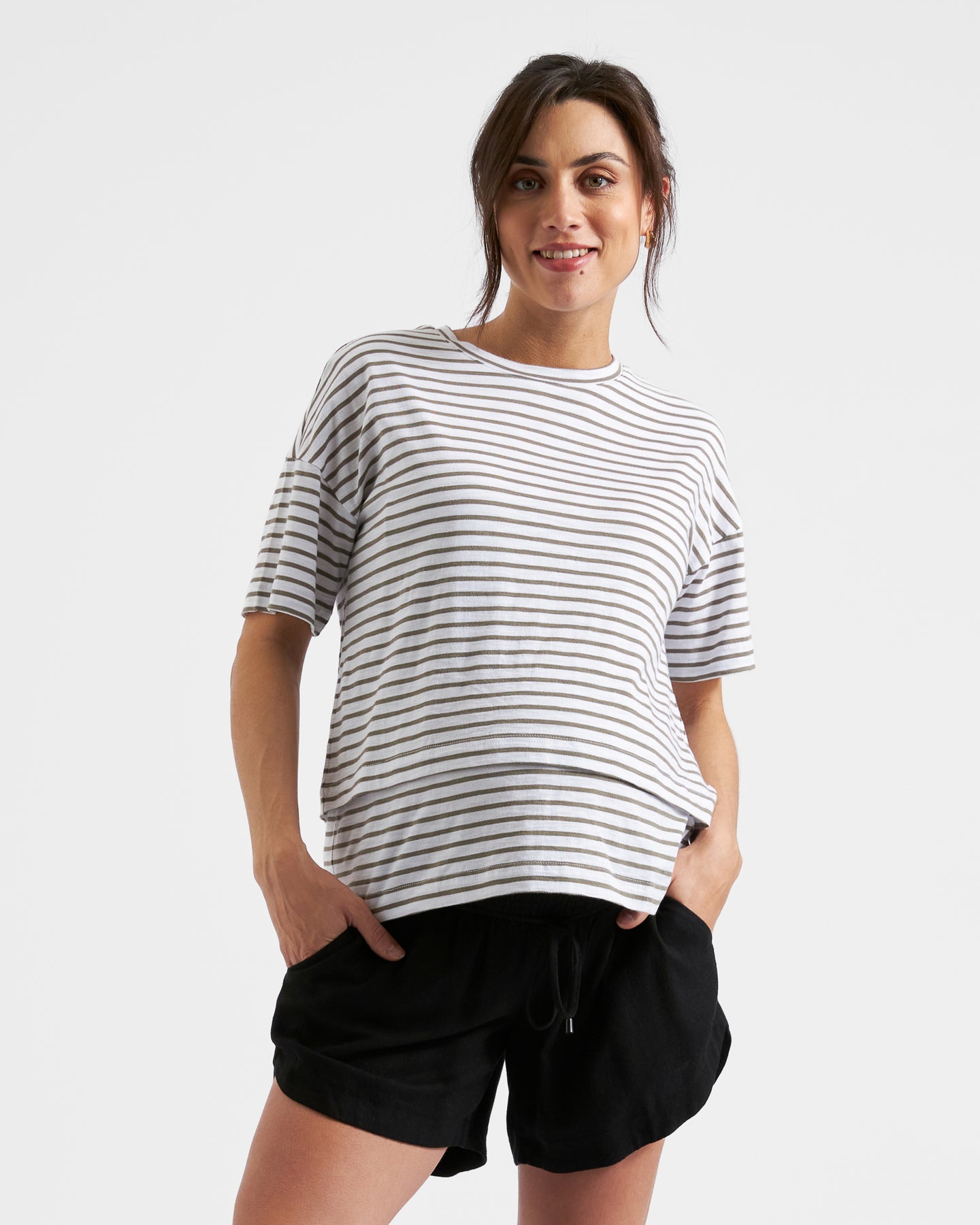 Ripe Maternity Claudette Short Sleeve Striped Nursing Tee.