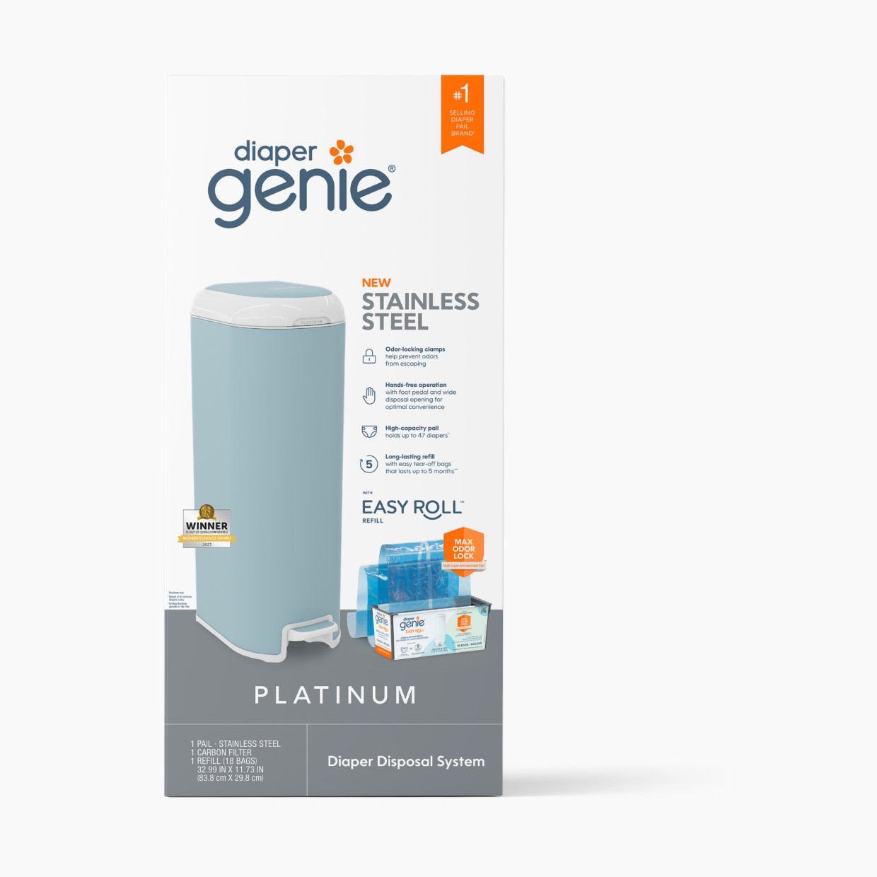 Diaper Genie Platinum Stainless Steel Diaper Pail with Easy Roll Refill Bags - Glacial Blue, Unscented.