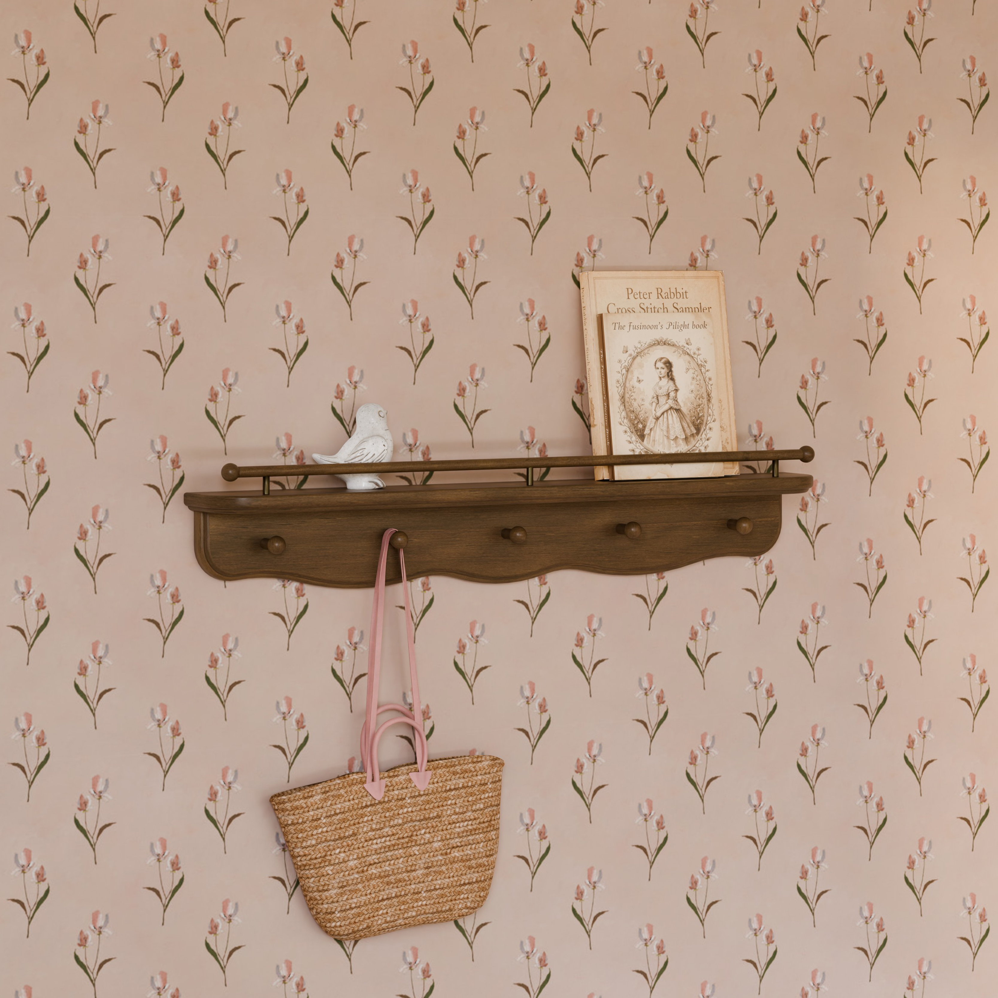 Namesake Liberty 31" Wall Shelf with Hooks - Natural Walnut.
