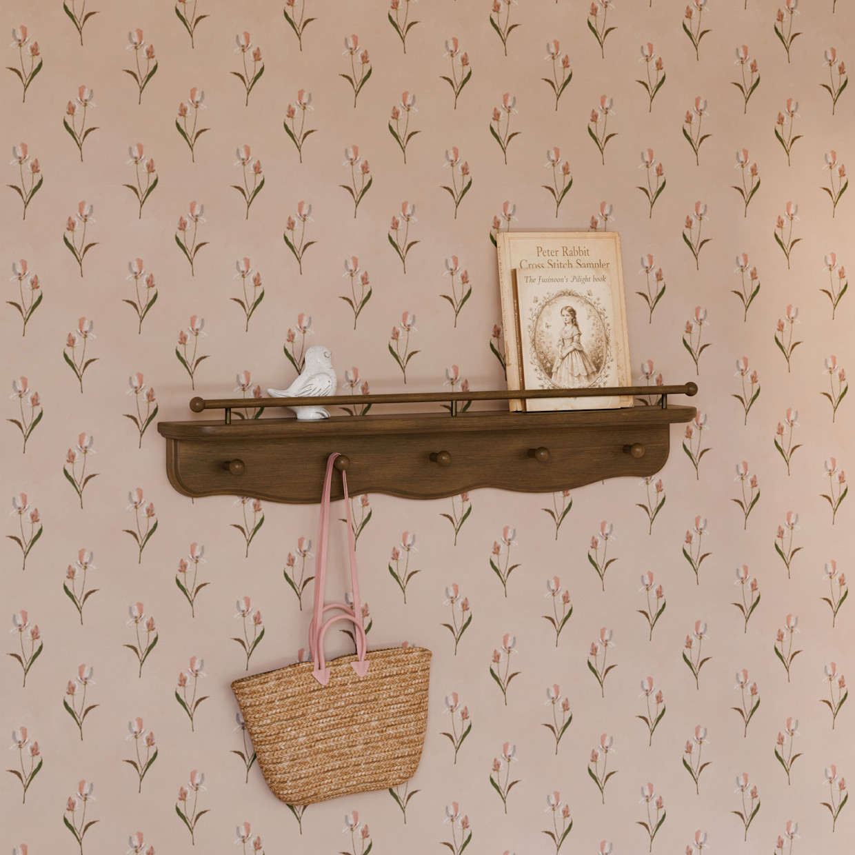 Namesake Liberty 31" Wall Shelf with Hooks - Natural Walnut.
