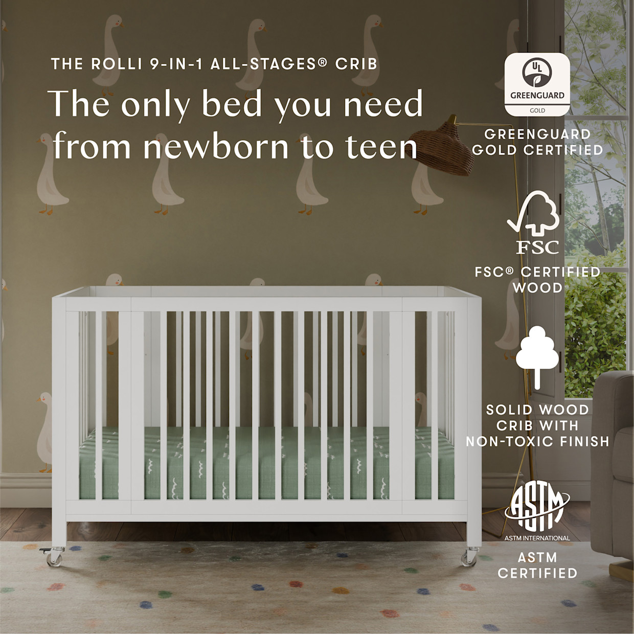 babyletto Rolli 9-in-1 Convertible All-Stages Crib with Bassinet & Toddler Bed Conversion Kits - White.
