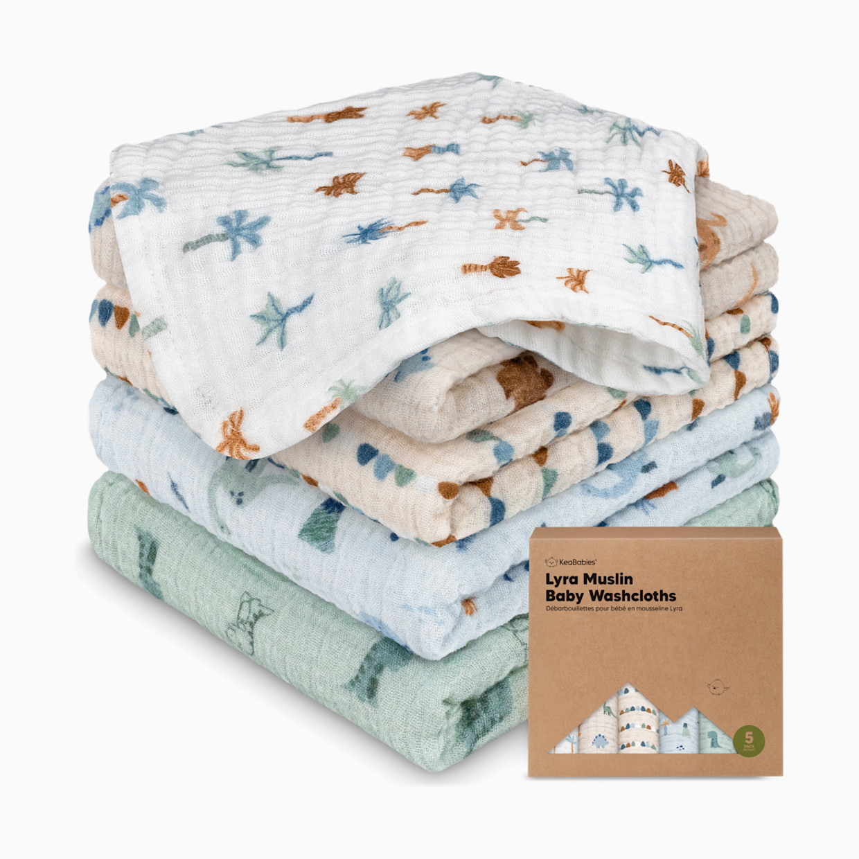 KeaBabies 5-Pack Lyra Muslin Baby Washcloths - Dino Park.