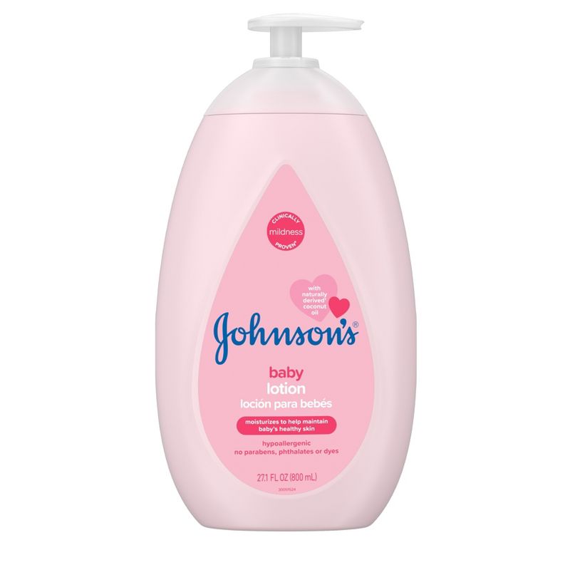 Johnson's Baby Lotion with Coconut Oil, Aloe Vera & Vitamin B5, 72 HR Hydration, Skin Moisturizer, Hypoallergenic, Safe for Newborn, Protects From Dryness &; Strengthens Skin, 27.1 fl. oz