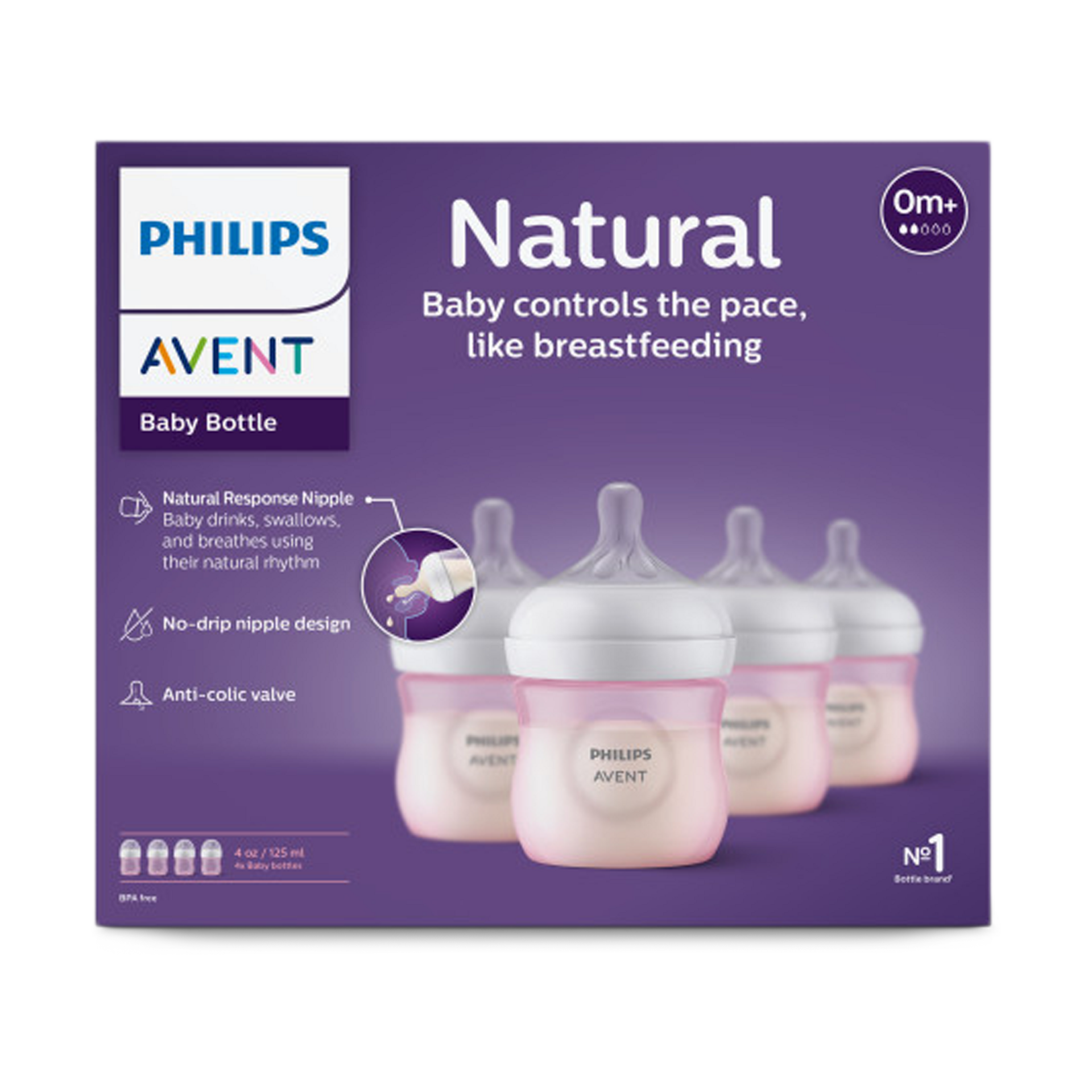 Philips Avent Natural Baby Bottle with Natural Response Nipple - Pink, 4 Oz, 4.