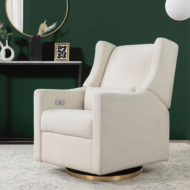 babyletto Kiwi Electronic Recliner and Swivel Glider - Ivory Boucle With Gold Base.