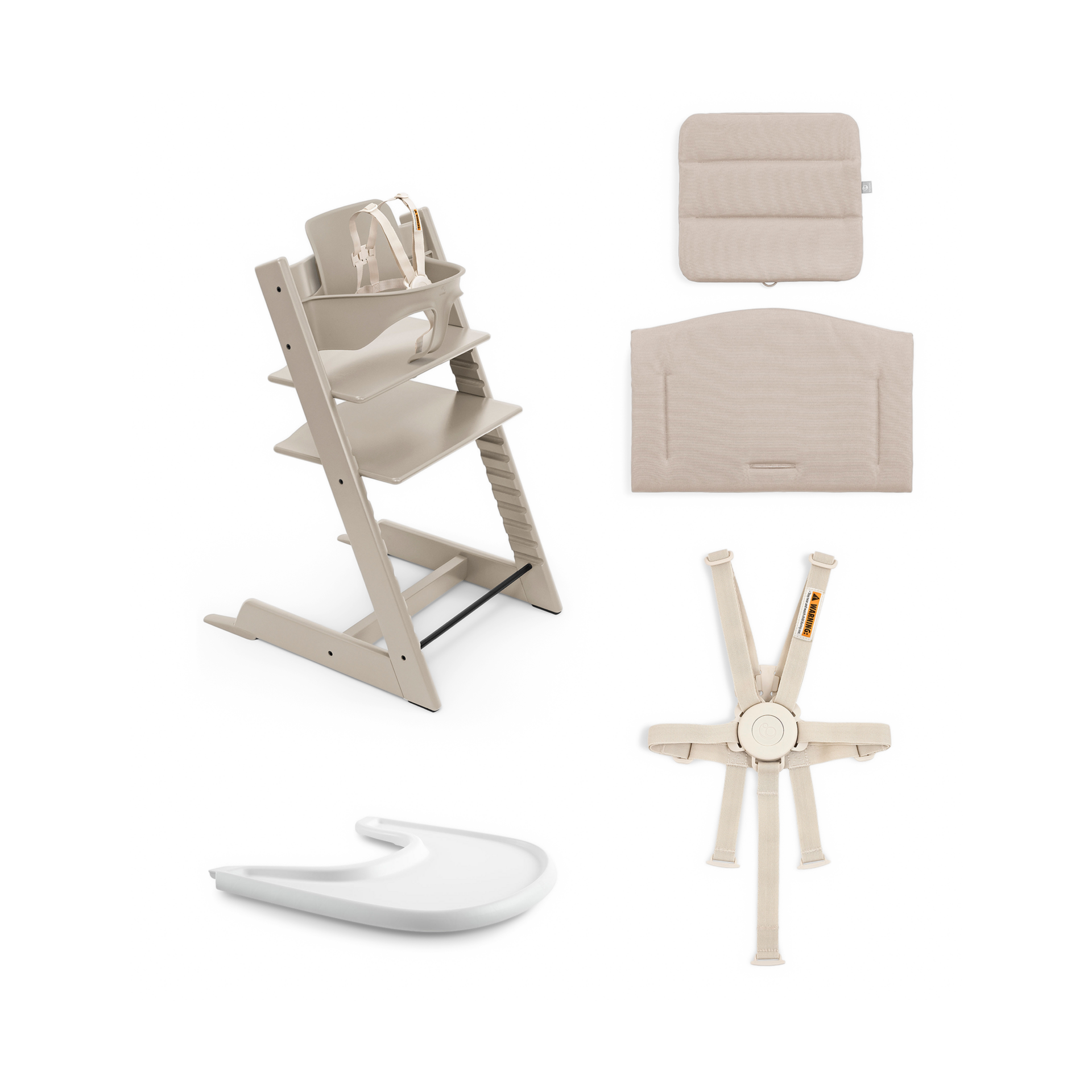 Stokke Tripp Trapp High Chair Complete² - Cashmere Mist/Beige Cushion/White Tray.