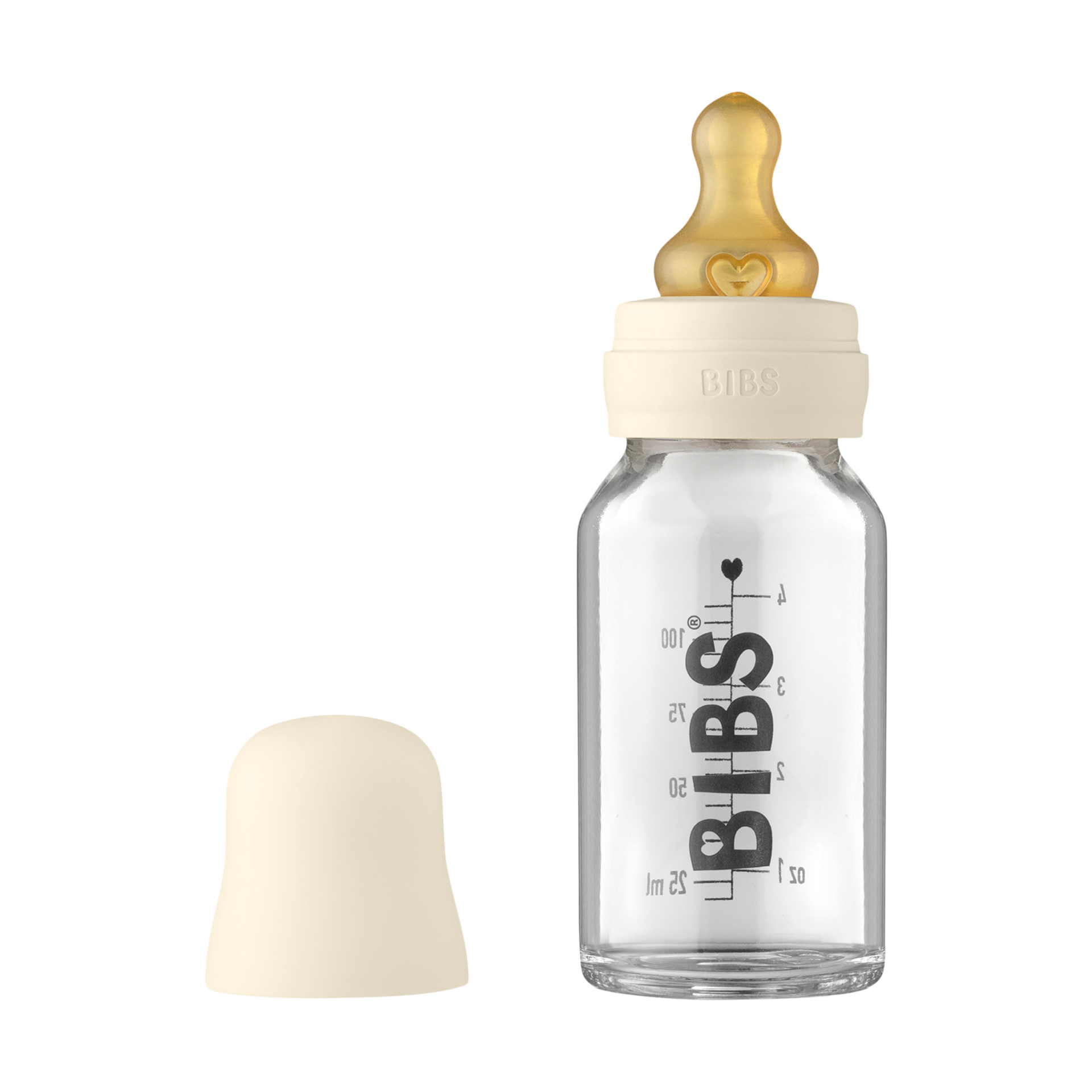 BIBS Baby Glass Bottle Complete Set 110 ml | BPA Free Natural Rubber | Made in Denmark | Ivory