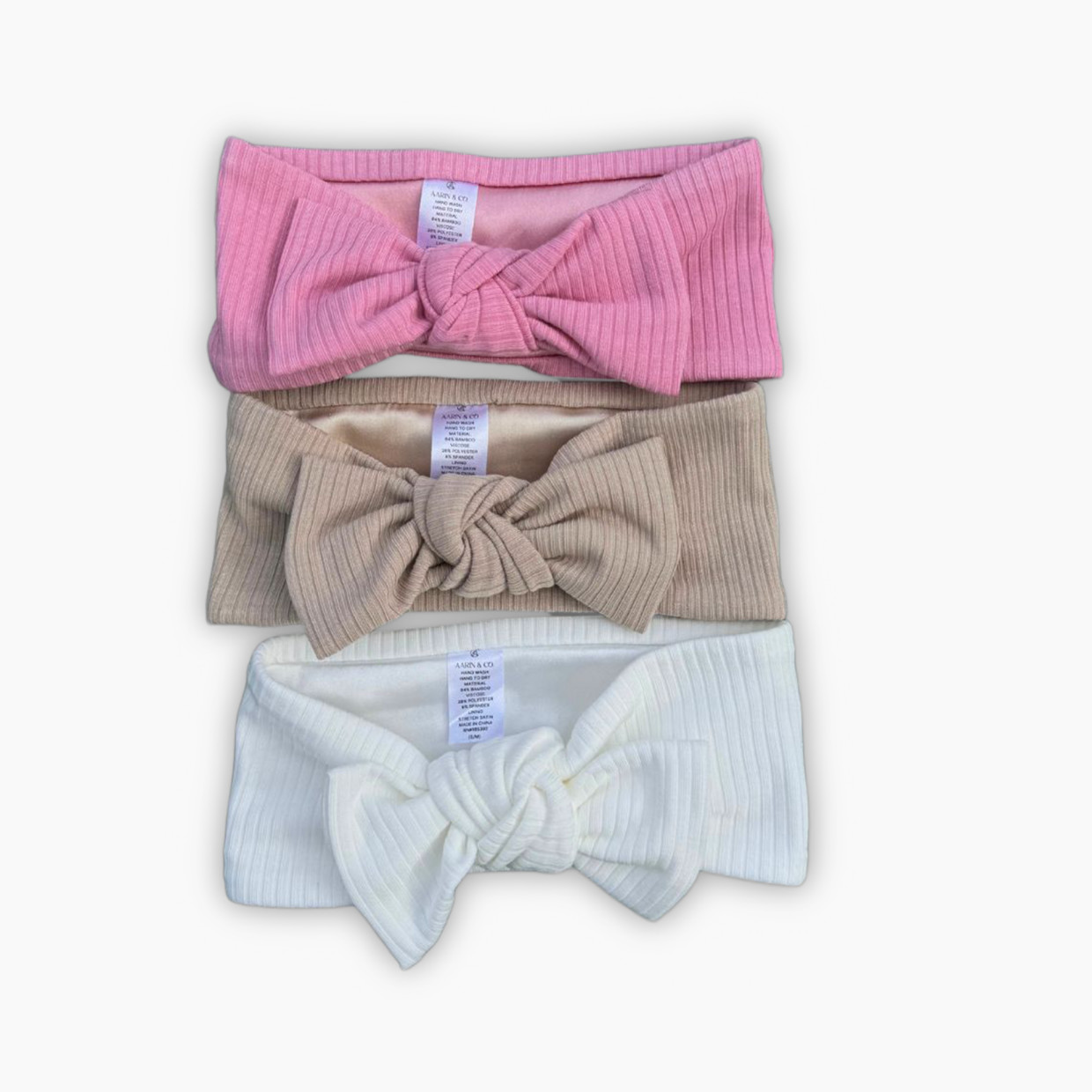 Aarin & Co. Newborn Satin Lined Bow Headband Gift Set - Mauve, White, Oat, 0-3 M.