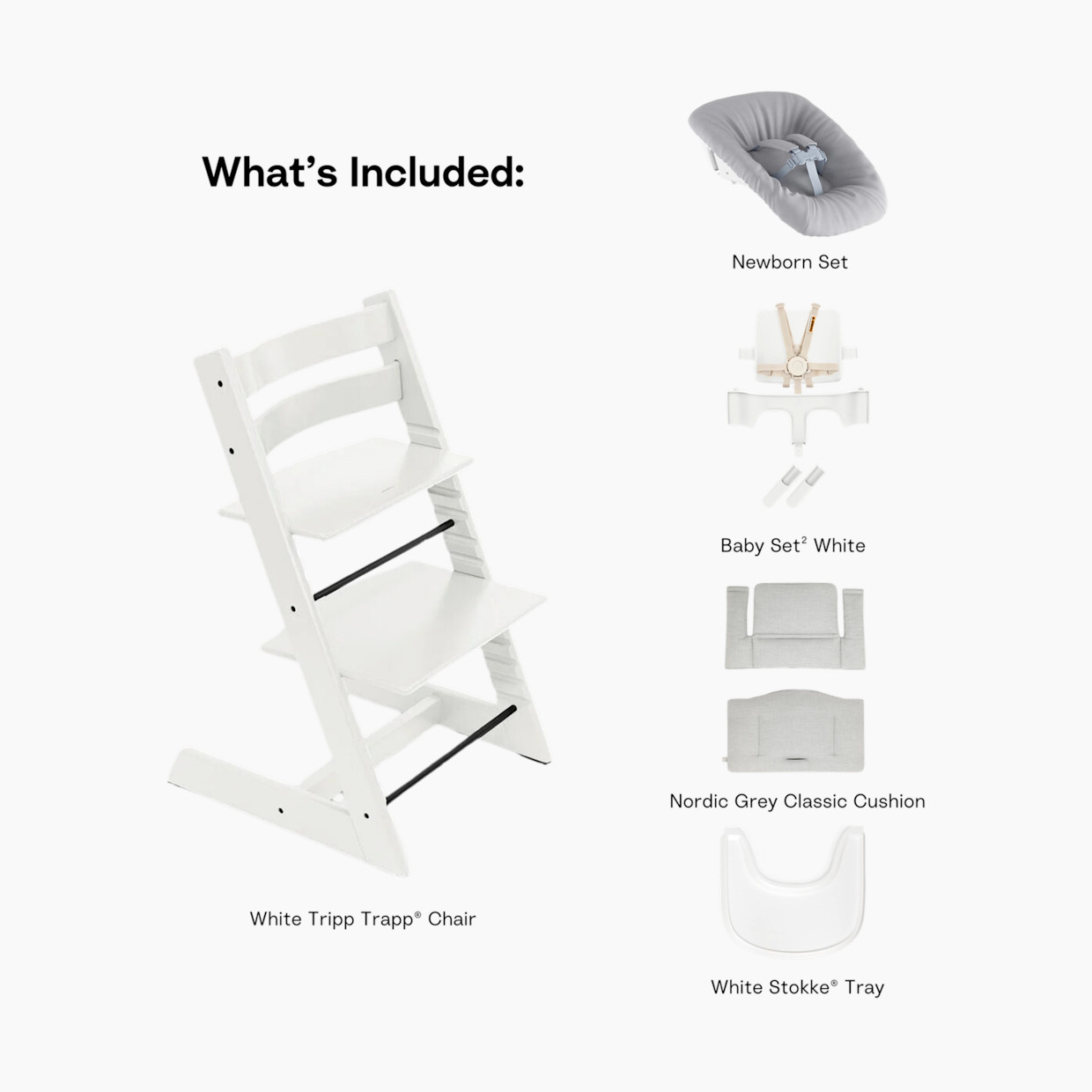 Stokke Tripp Trapp High Chair Complete² + Newborn Set - White/Nordic Cushion/White Tray.