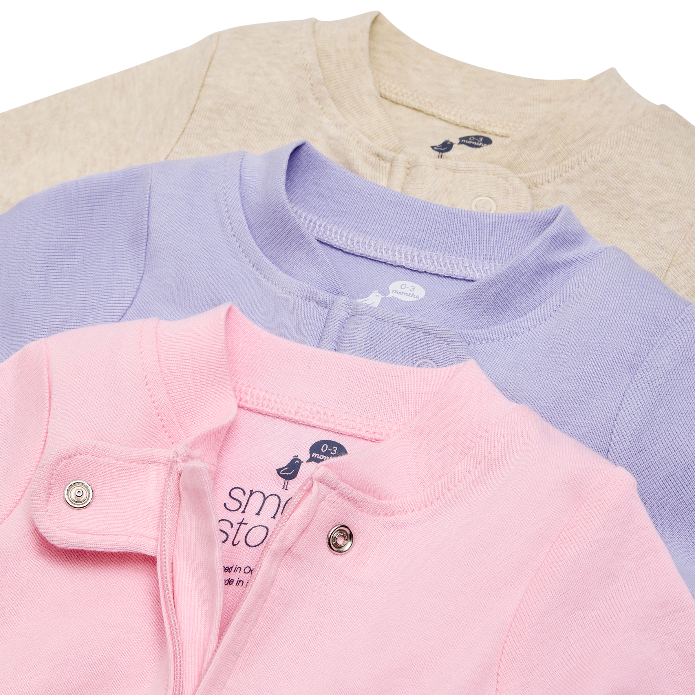 Small Story Organic Cotton Solid Zipper Footie (3 Pack) - Oatmeal Heather, Lavender, Pink, 0-3 M.