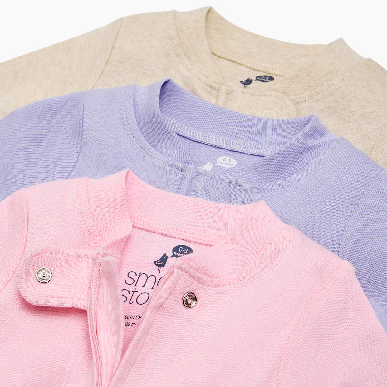 Small Story Organic Cotton Solid Zipper Footie (3 Pack) - Oatmeal Heather, Lavender, Pink, 0-3 M.