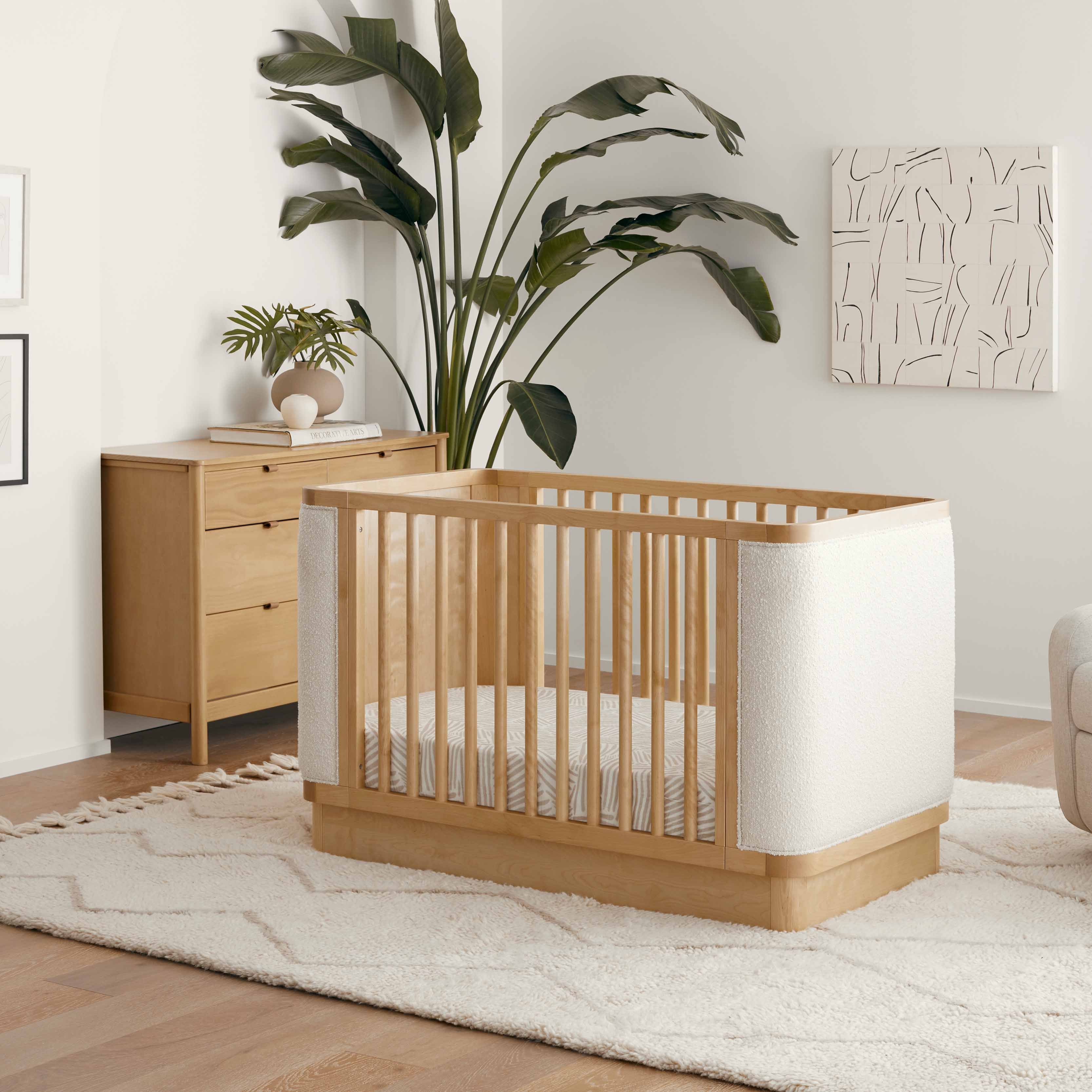 babyletto Bondi Boucle 4-in-1 Convertible Crib - Honey With Ivory Boucle.