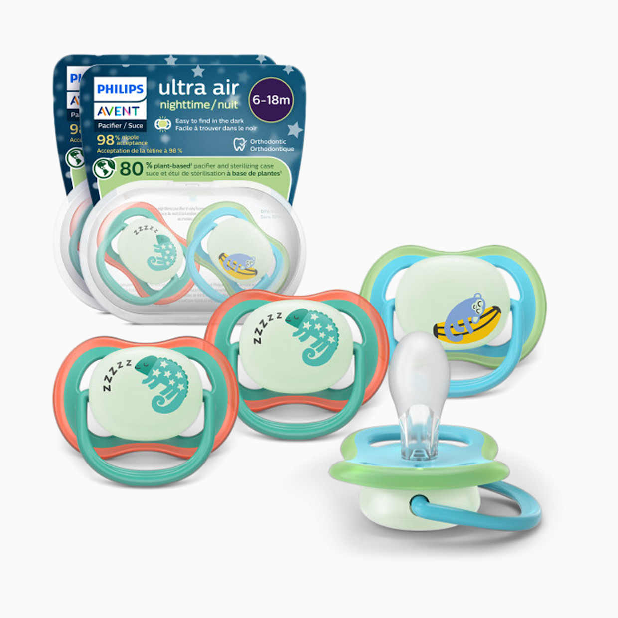 Philips Avent Ultra Air Pacifier Night 6-18M (4 Pack) - Chameleon / Sleeping Monkey, 6-18M.