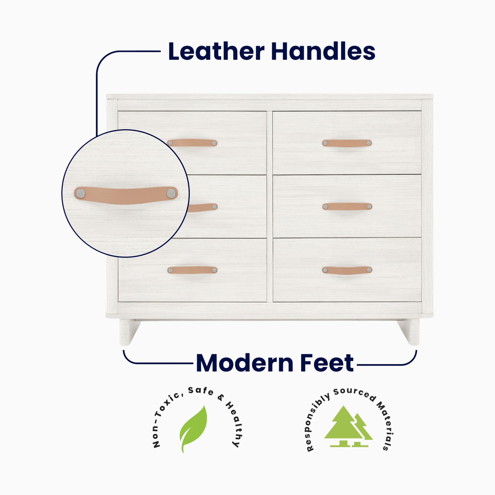 Close-up of leather handles and modern feet on a dresser.