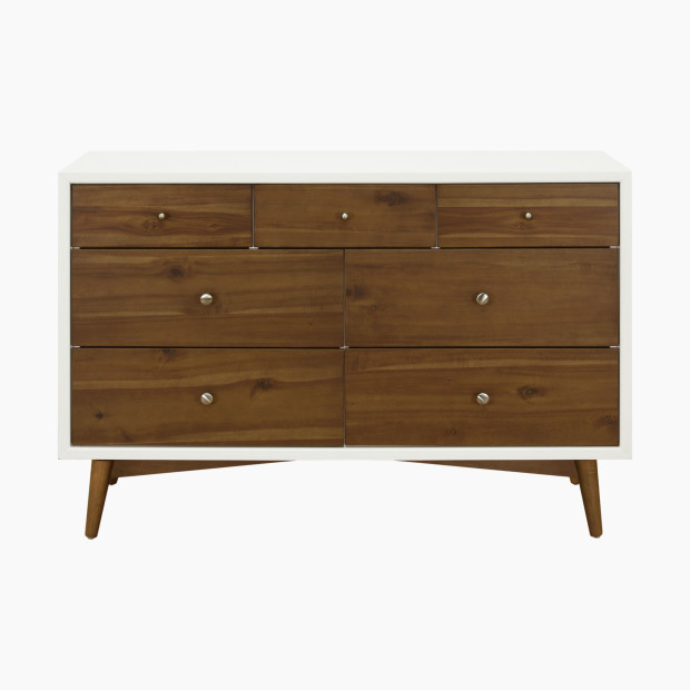 babyletto Palma 7-Drawer Double Dresser - Warm White With Natural Walnut.
