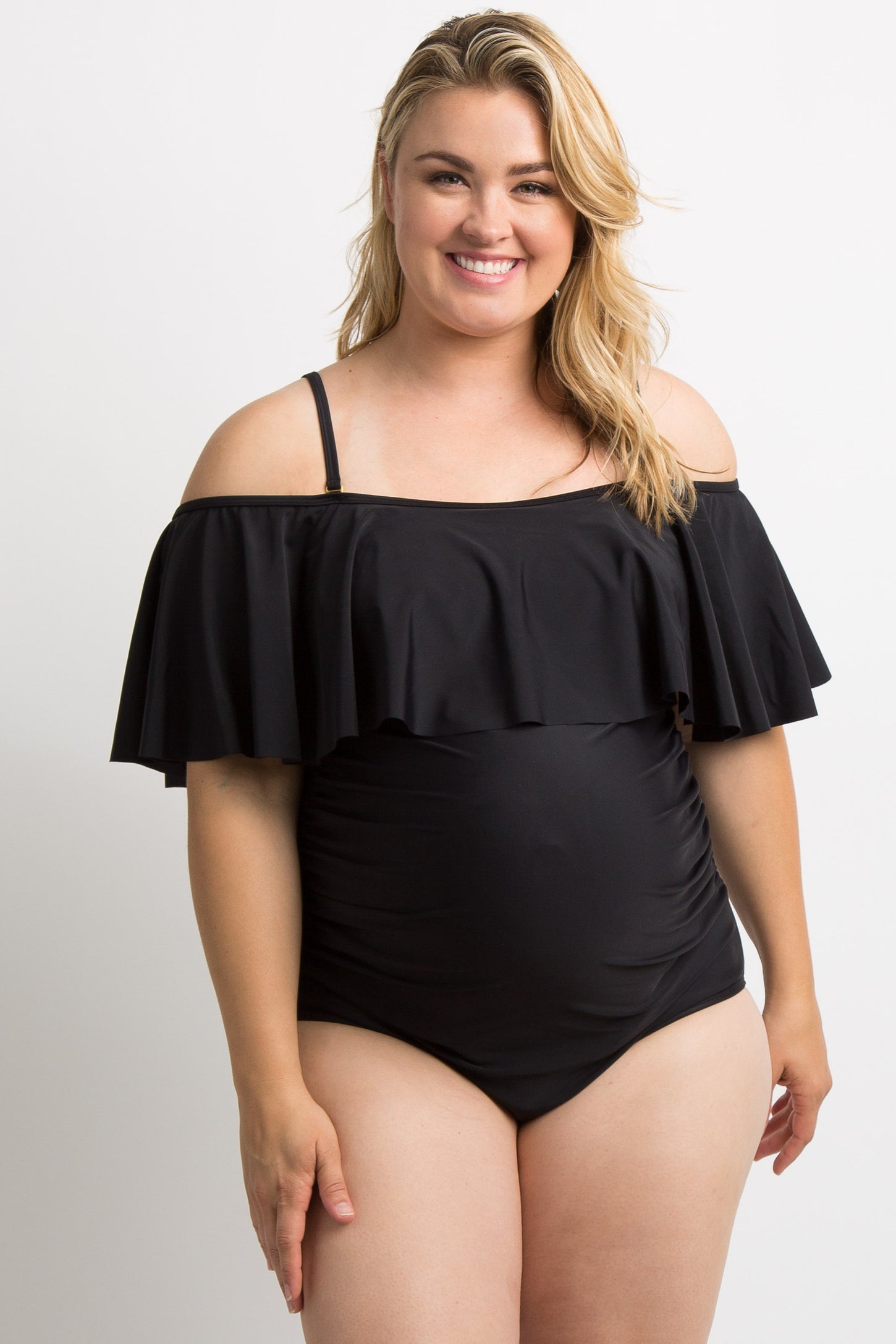 PinkBlush Black Ruffle Trim Ruched One-Piece Maternity Plus Swimsuit.