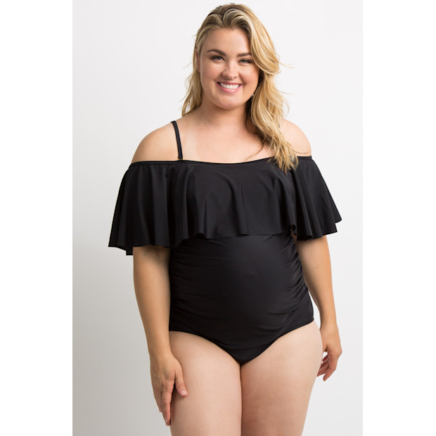 PinkBlush Black Ruffle Trim Ruched One-Piece Maternity Plus Swimsuit.