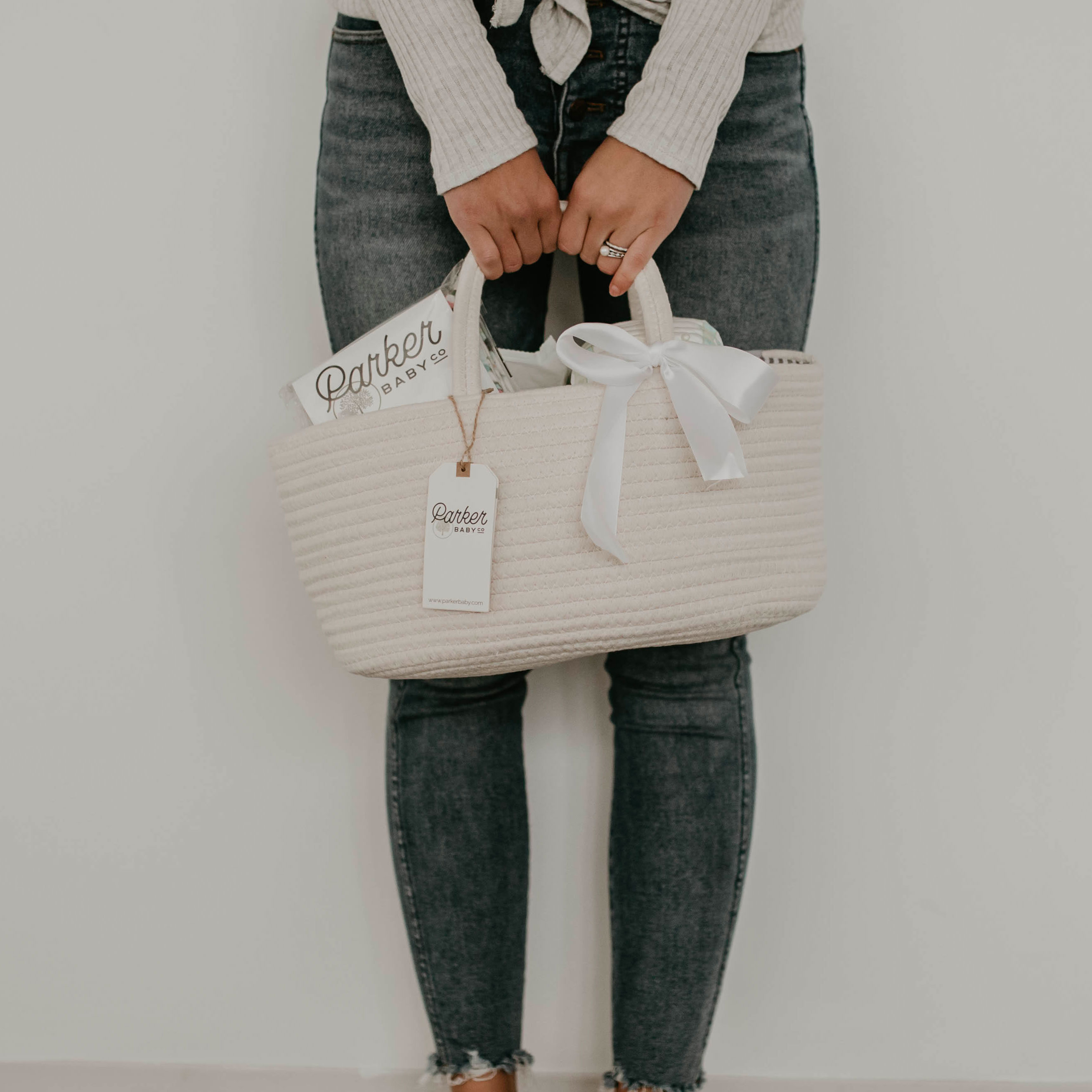 Parker Baby Co. Rope Diaper Caddy - White.