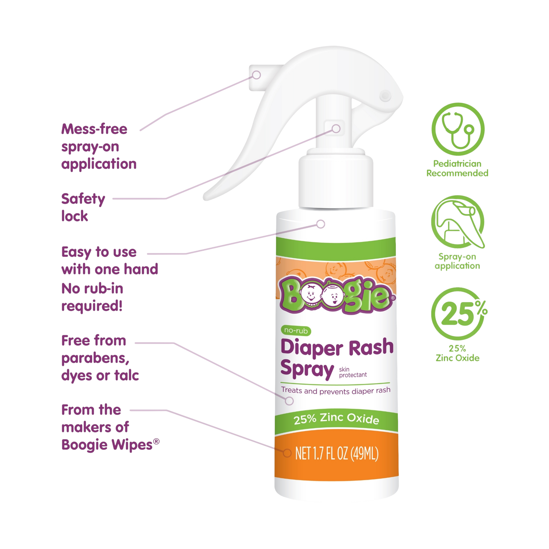 Boogie No-Rub Diaper Rash Spray - Green, 1.7 Oz.