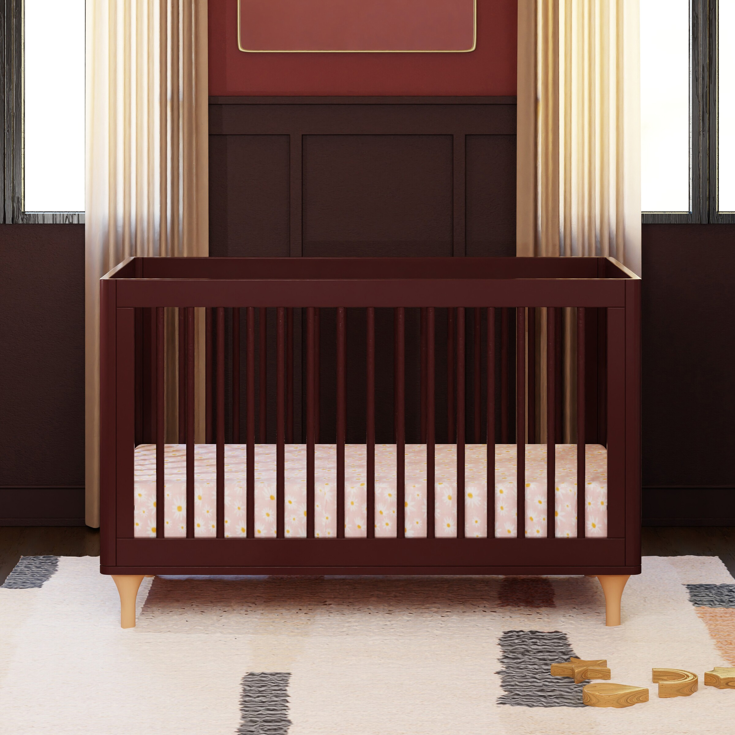 babyletto Lolly 3-in-1 Convertible Crib with Toddler Bed Conversion Kit - Crimson/Natural.