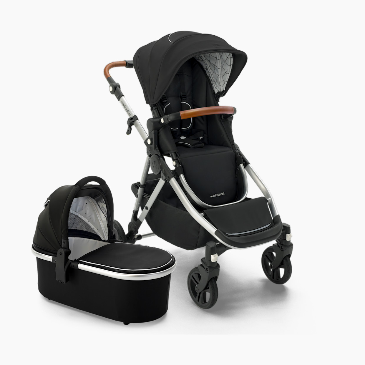 Mockingbird Single-to-Double Stroller 2.0 and Bassinet Bundle - Black/Windowpane Canopy With Penny Leather.