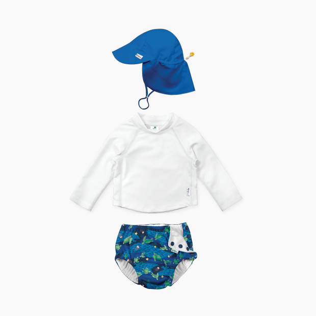GREEN SPROUTS UPF 50+ Snap Swim Diaper & Rashguard Set with Hat - White/Navy Turtle Journey/Cobalt, 0-6 Months.