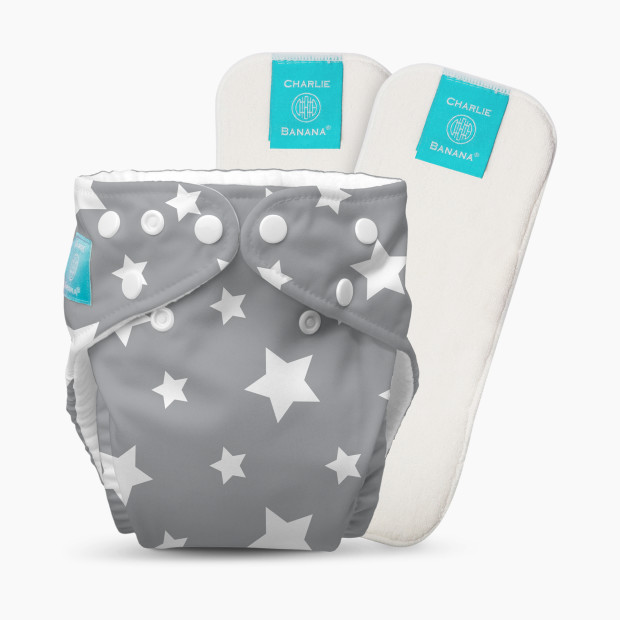 Charlie Banana One-size Reusable Cloth Diaper with 2 Reusable Inserts - Grey/White Stars.