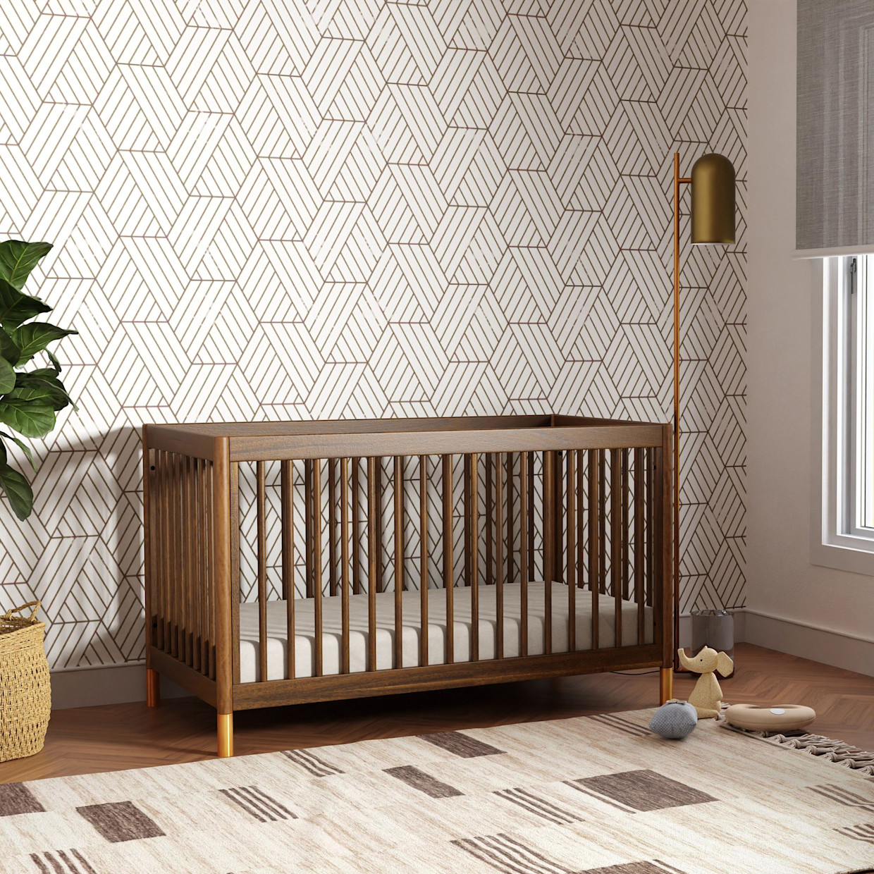 babyletto Gelato 4-in-1 Convertible Crib with Toddler Bed Conversion Kit - Natural Walnut & Gold Feet.