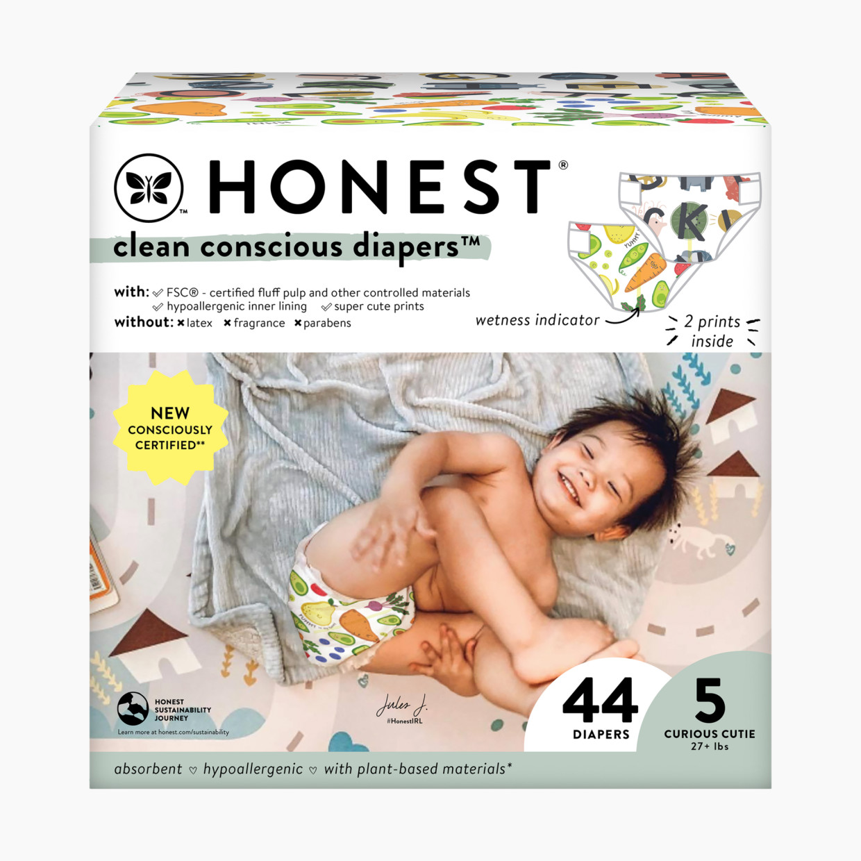 The Honest Company Clean Conscious Disposable Diapers - So Delish + All The Letters, Size 5, 44 Count.