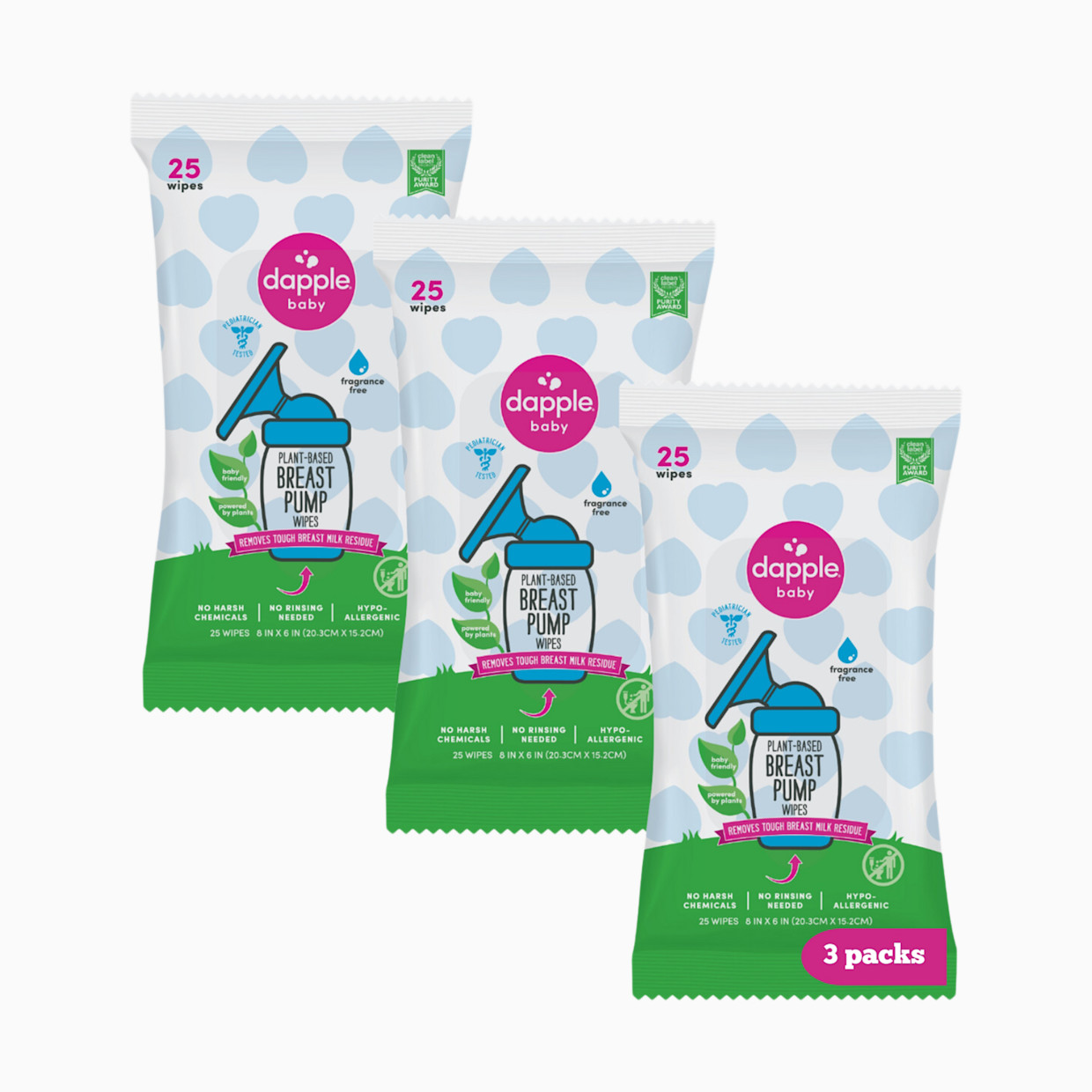 Dapple Breast Pump Cleaning Wipes (3 Pack) - Pink, Fragrance-Free, 25.