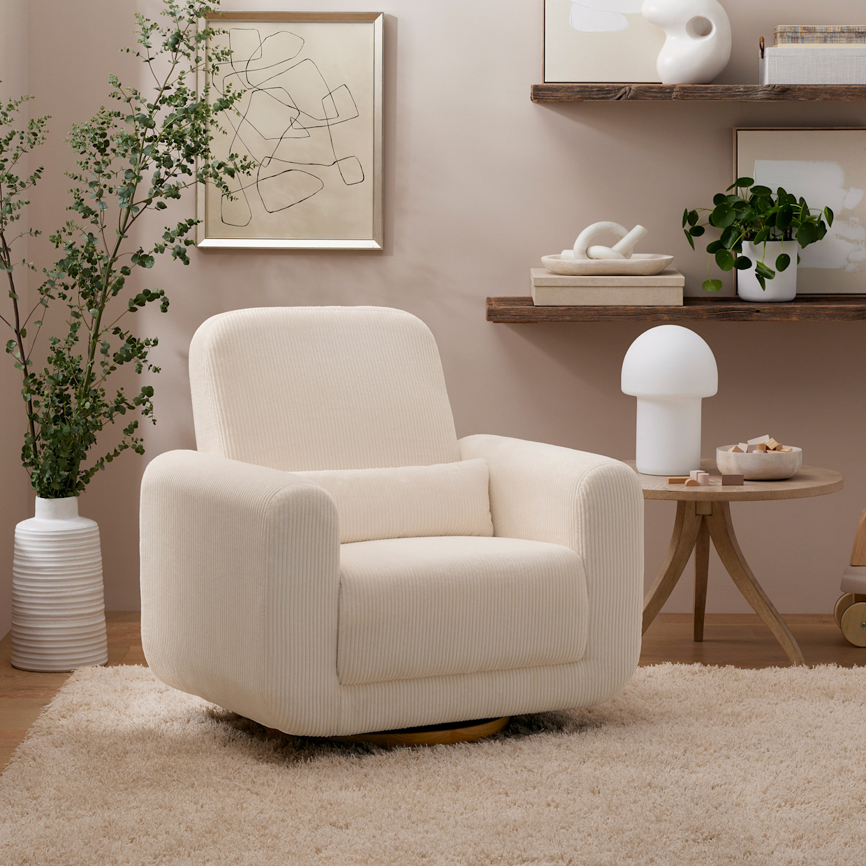 babyletto Tuba Extra Wide Swivel Glider - Ivory Corduroy With Light Wood Base.