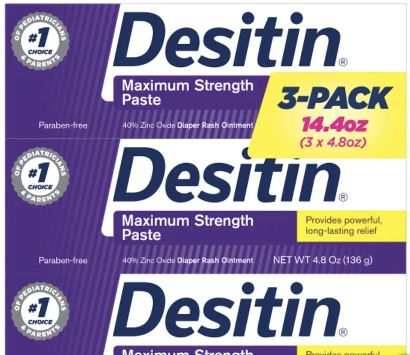 Desitin Maximum Strength Baby Diaper Rash Cream with 40% Zinc Oxide, 3-Pack.