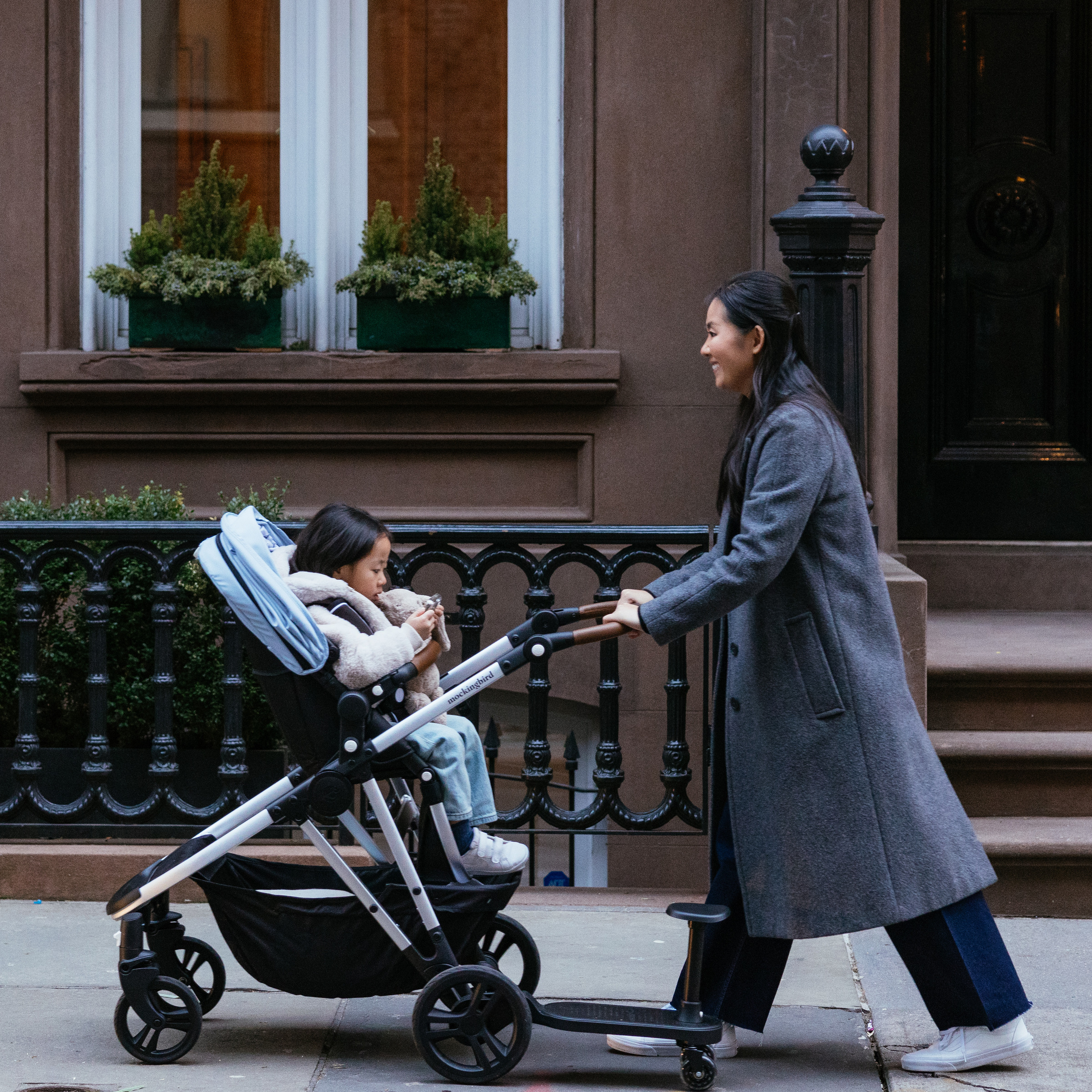 Mockingbird Single Stroller 2.0 - Sky/Watercolor Canopy With Penny Leather.