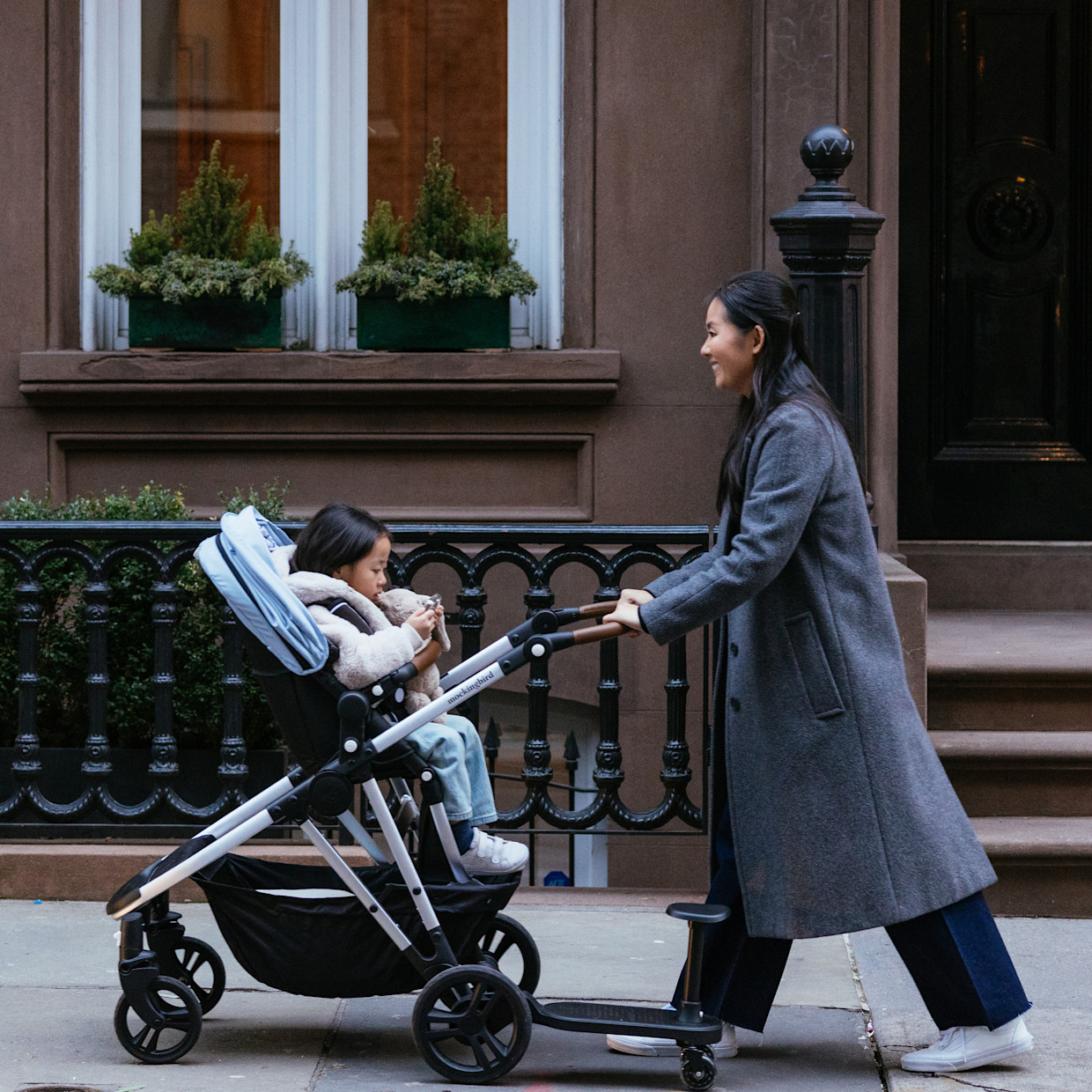 Mockingbird Single Stroller 2.0 - Black/Windowpane Canopy With Black Leather.
