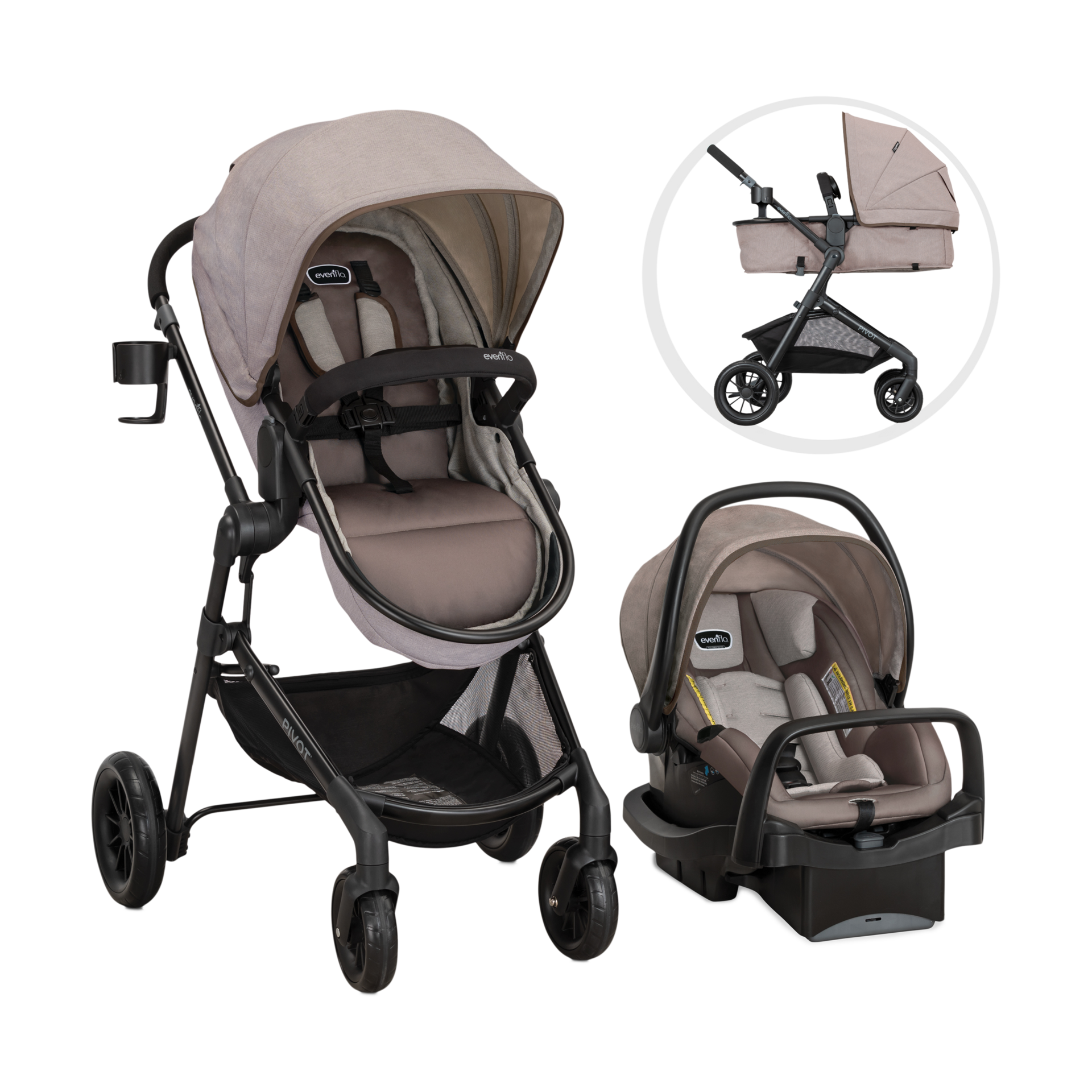 Evenflo Pivot Modular Travel System with LiteMax Infant Car Seat - Desert Tan.