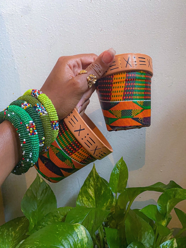 TheMotherlandPlug African Fabric Decoupage Terracotta Clay Planter Set.