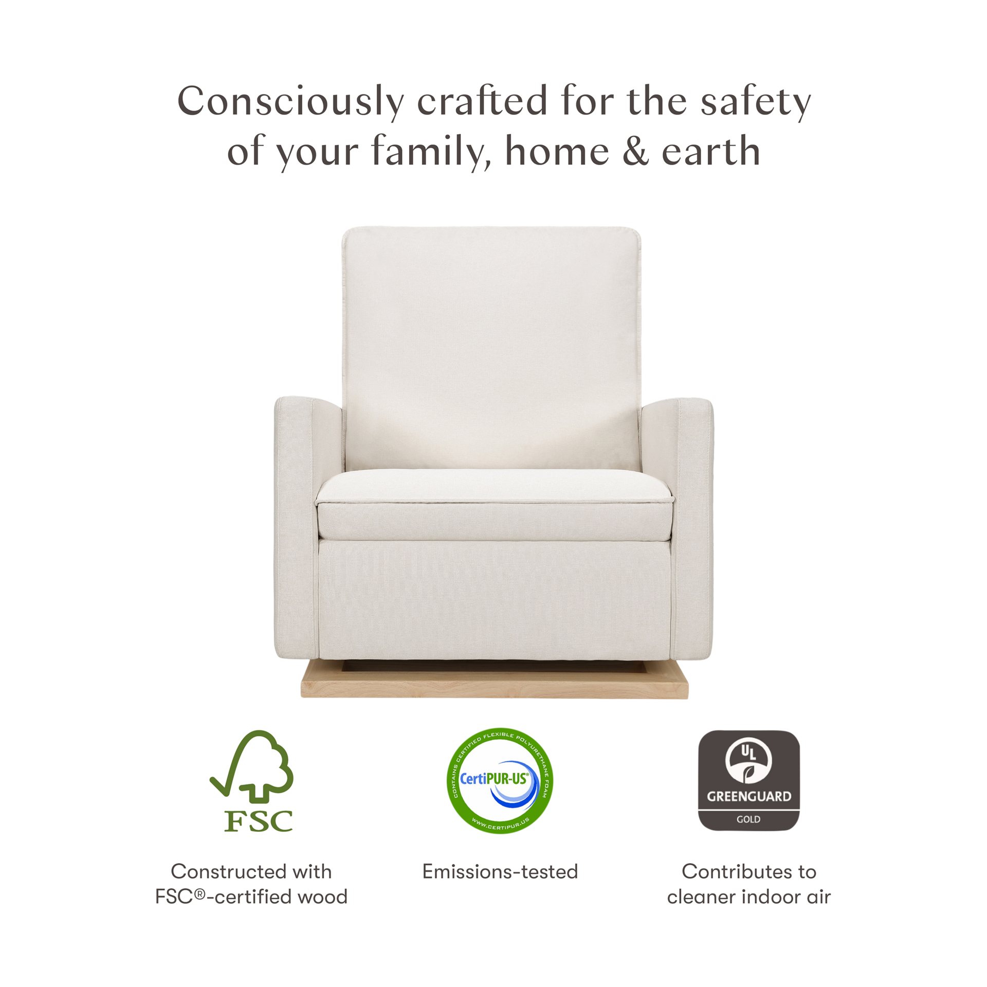 babyletto Cali Pillowback Chair and a Half Glider - Performance Cream Eco-Weave With Light Wood Base.