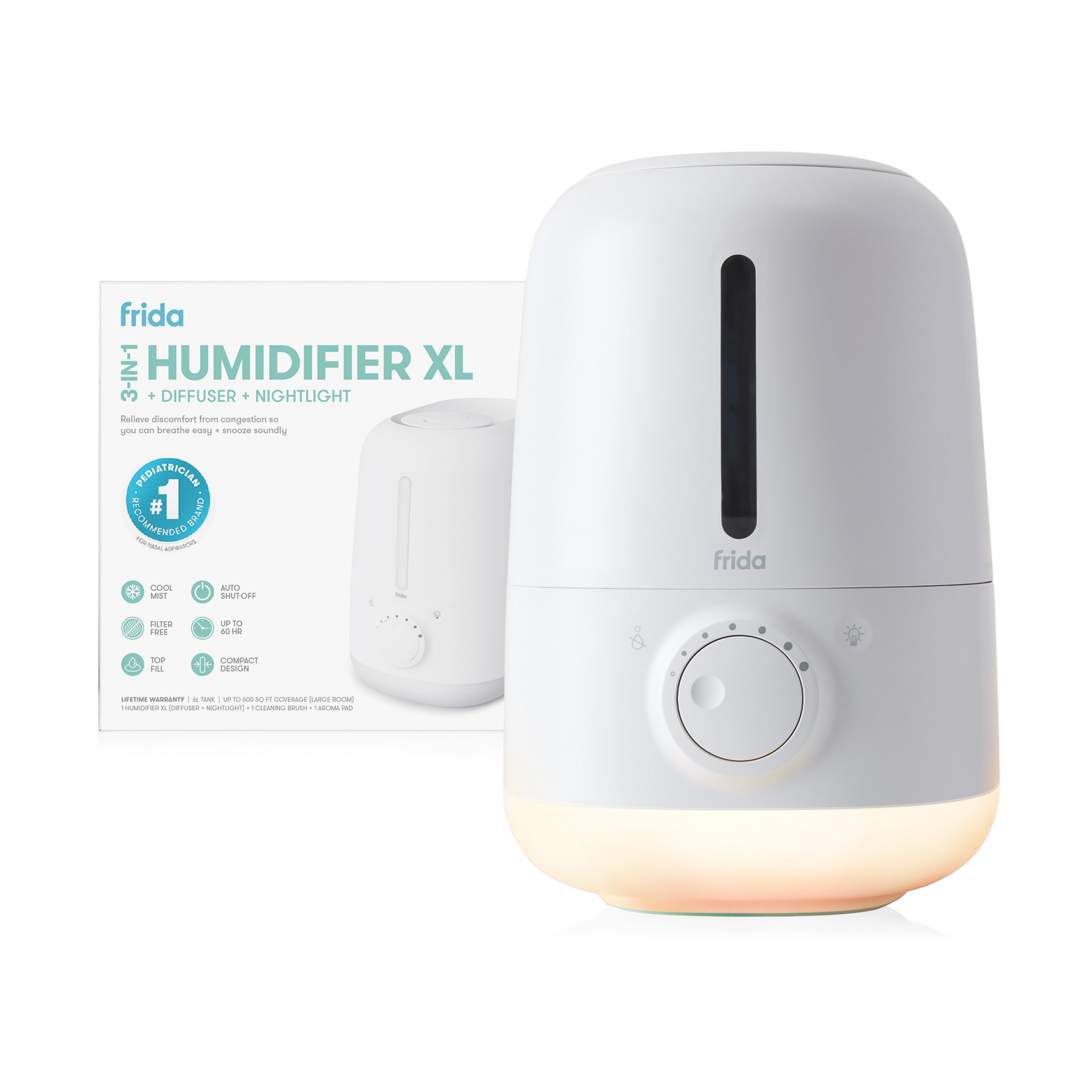 Frida Baby 3-in-1 XL Top Fill Humidifier for Bedroom, Cold & Flu Relief, 6L Tank Cool Mist Humidifier + Diffuser for Large Rooms, Mold Resistant, Nightlight, Auto-Off, Quiet, Essential Oil Diffuser