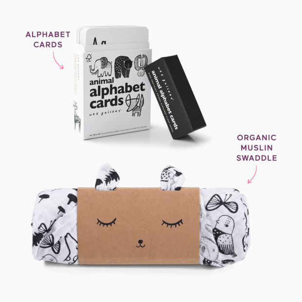 Wee Gallery Alphabet Cards & Organic Muslin Swaddle Bundle - Wild Swaddle & Animal Alphabet Cards.