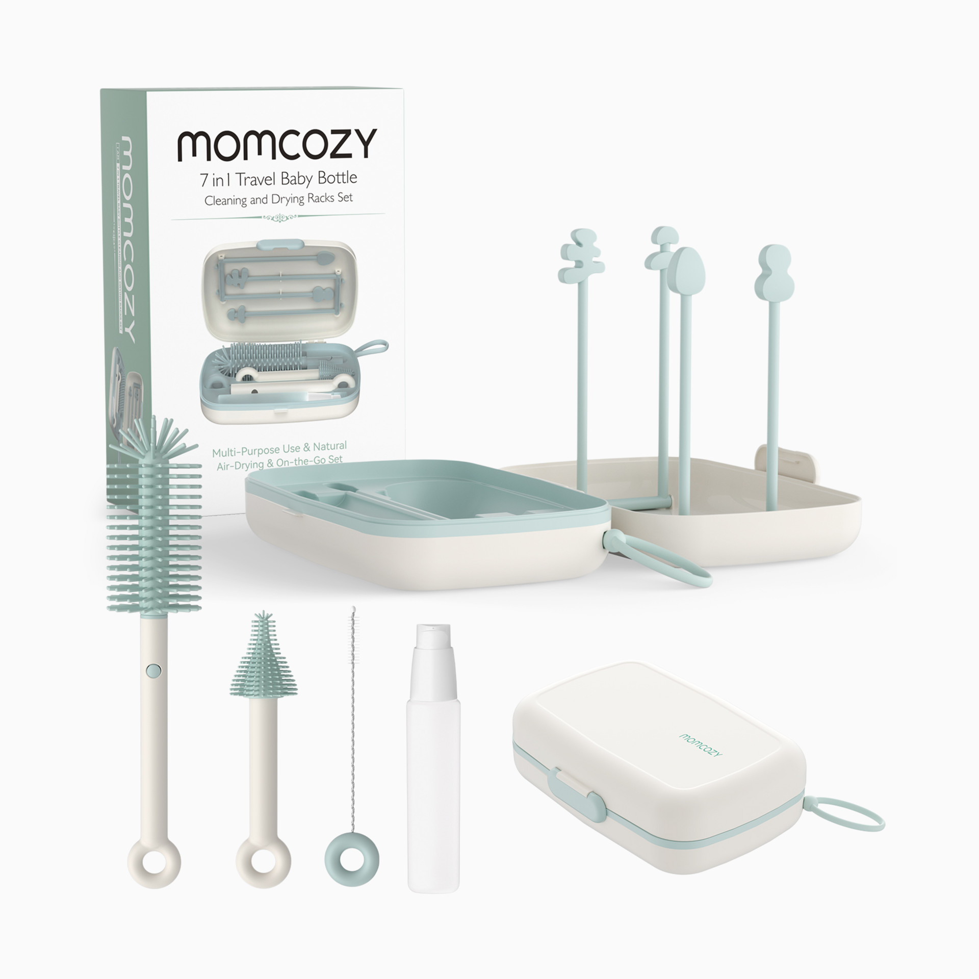 むちゃ＆こじママ3点おまとめマラマセット&マルチケース&ヘアケアトリオ Momcozy 7-in-1 Travel Bottle Cleaning & Drying Set - Green