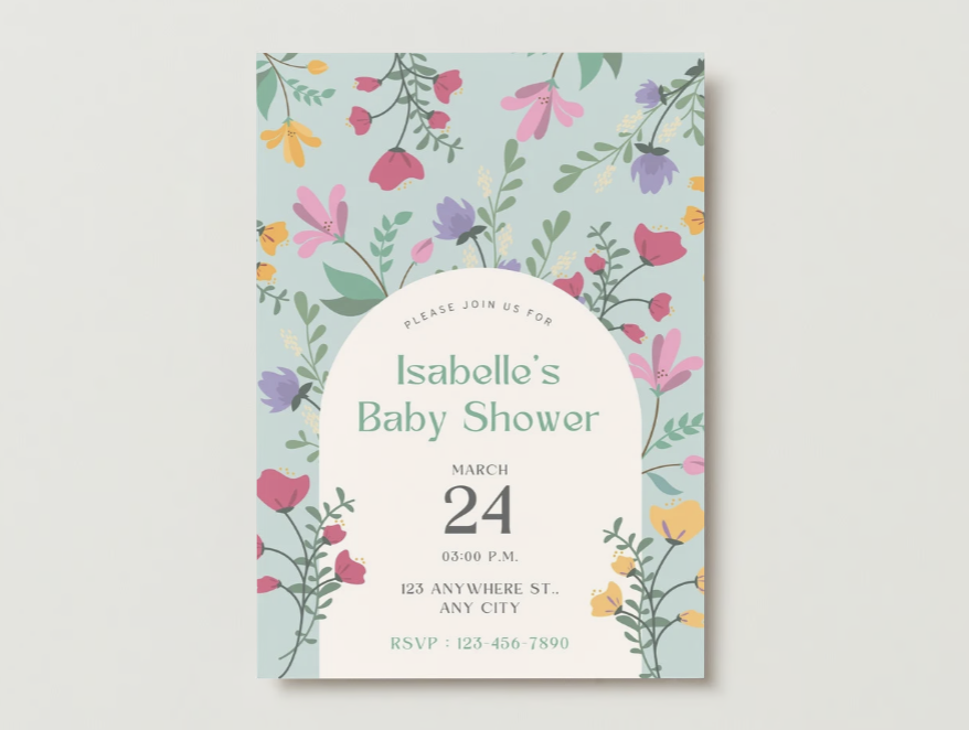 Green Floral Baby Shower Invitation.